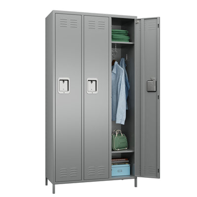 Metal Storage Locker For Employees, 72 Employee Locker With 3 Doors&9Hooks For School Gyms Homes Garages Offices Study With Assembly Required, Light Gray