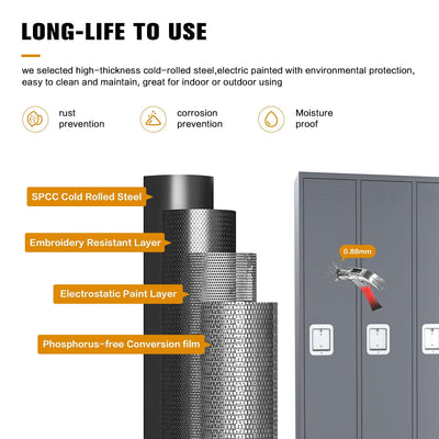 Metal Storage Locker For Employees, 72 Employee Locker With 3 Doors&9Hooks For School Gyms Homes Garages Offices Study With Assembly Required, Light Gray