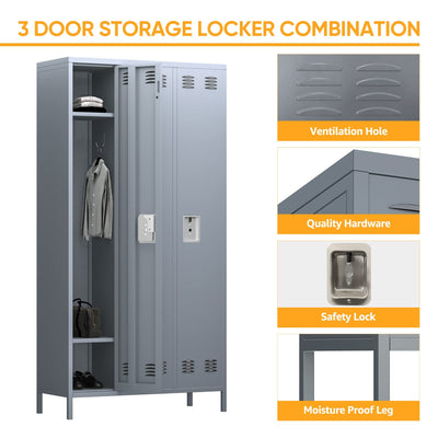 Metal Storage Locker For Employees, 72 Employee Locker With 3 Doors&9Hooks For School Gyms Homes Garages Offices Study With Assembly Required, Light Gray